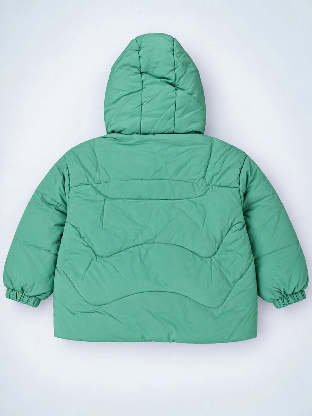 Mint Green Dino-Themed Quilted Hooded Winter Jacket for Kids