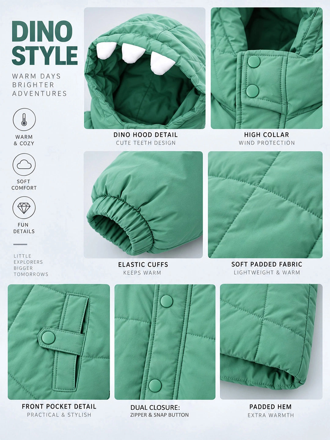 Mint Green Dino-Themed Quilted Hooded Winter Jacket for Kids