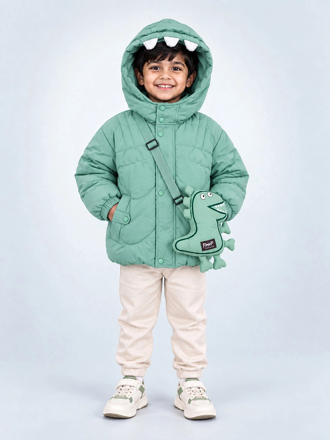 Mint Green Dino-Themed Quilted Hooded Winter Jacket for Kids