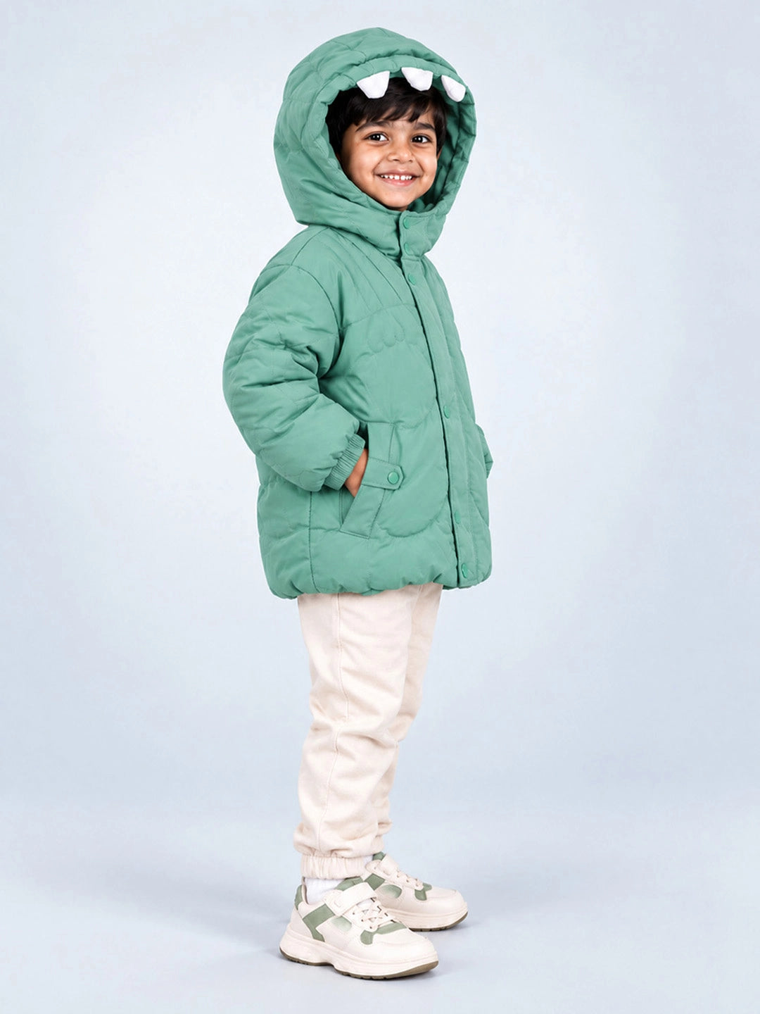Mint Green Dino-Themed Quilted Hooded Winter Jacket for Kids
