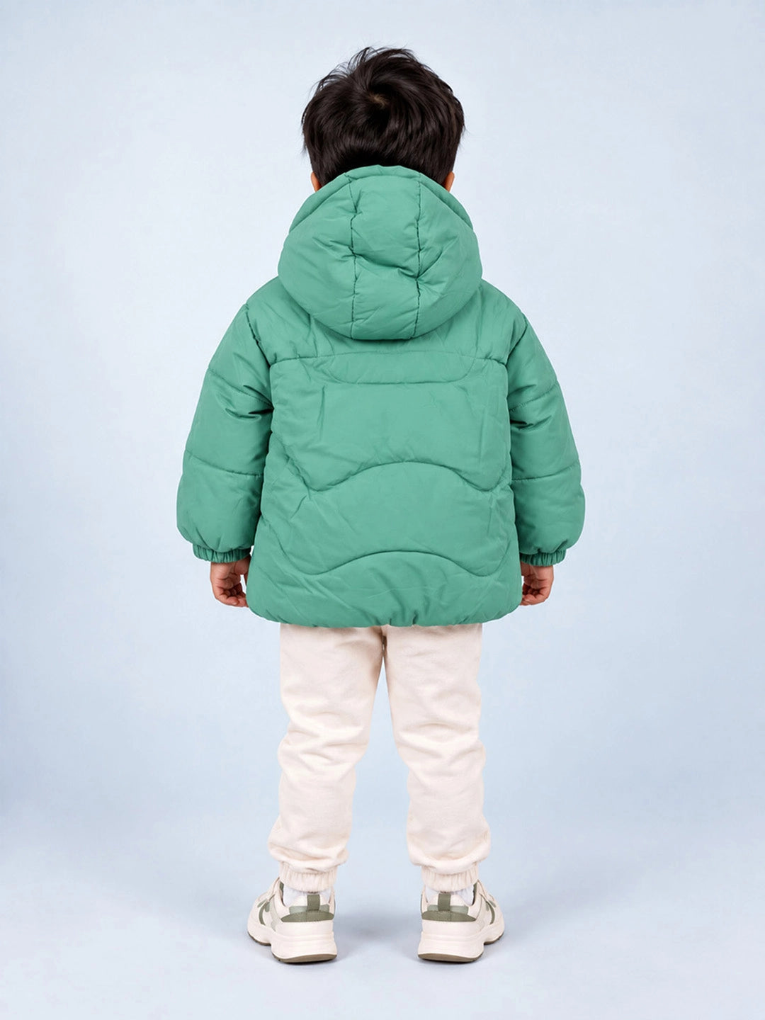 Mint Green Dino-Themed Quilted Hooded Winter Jacket for Kids