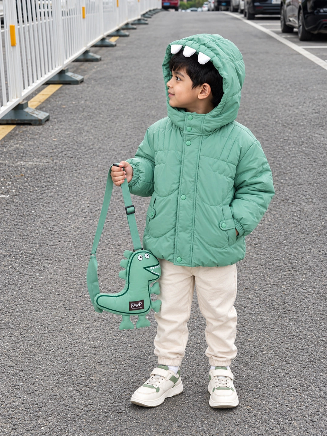 Mint Green Dino-Themed Quilted Hooded Winter Jacket for Kids