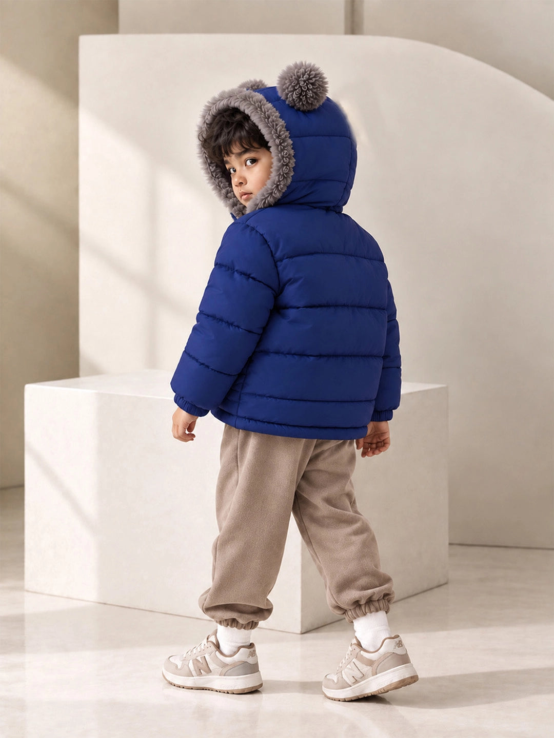 Navy Blue Bear-Ear Faux-Fur Hooded Quilted Winter Jacket for Kids