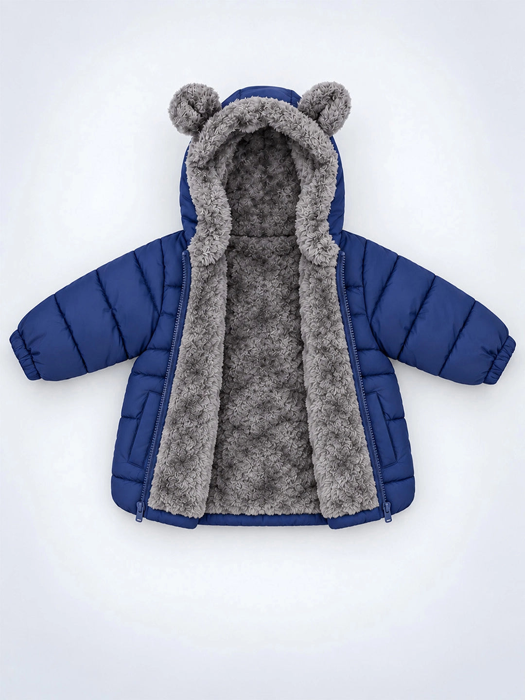 Navy Blue Bear-Ear Faux-Fur Hooded Quilted Winter Jacket for Kids