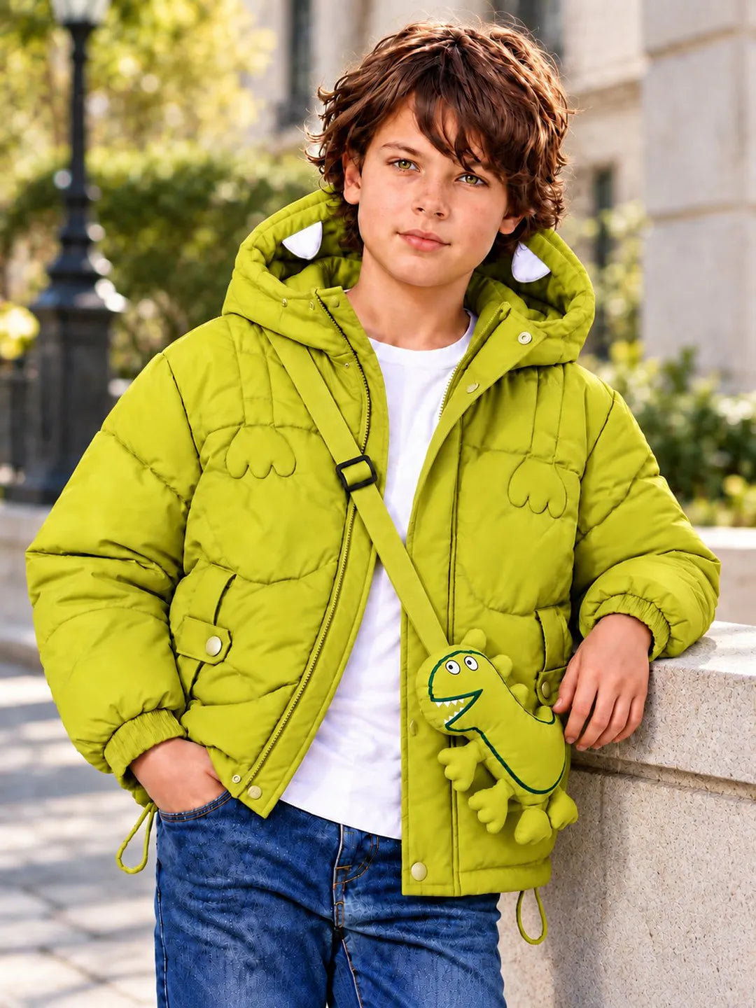 Olive Green Dino-Themed Quilted Hooded Winter Jacket for Kids