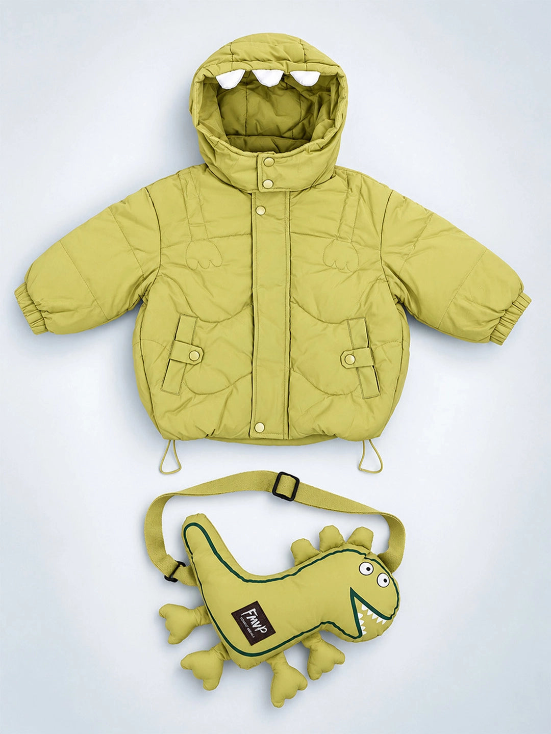 Olive Green Dino-Themed Quilted Hooded Winter Jacket for Kids