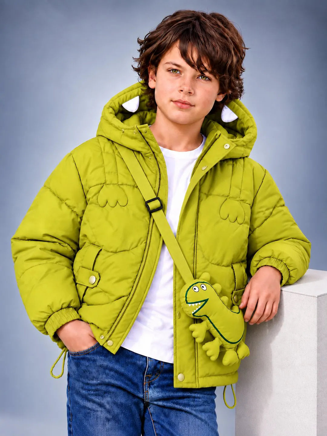 Olive Green Dino-Themed Quilted Hooded Winter Jacket for Kids