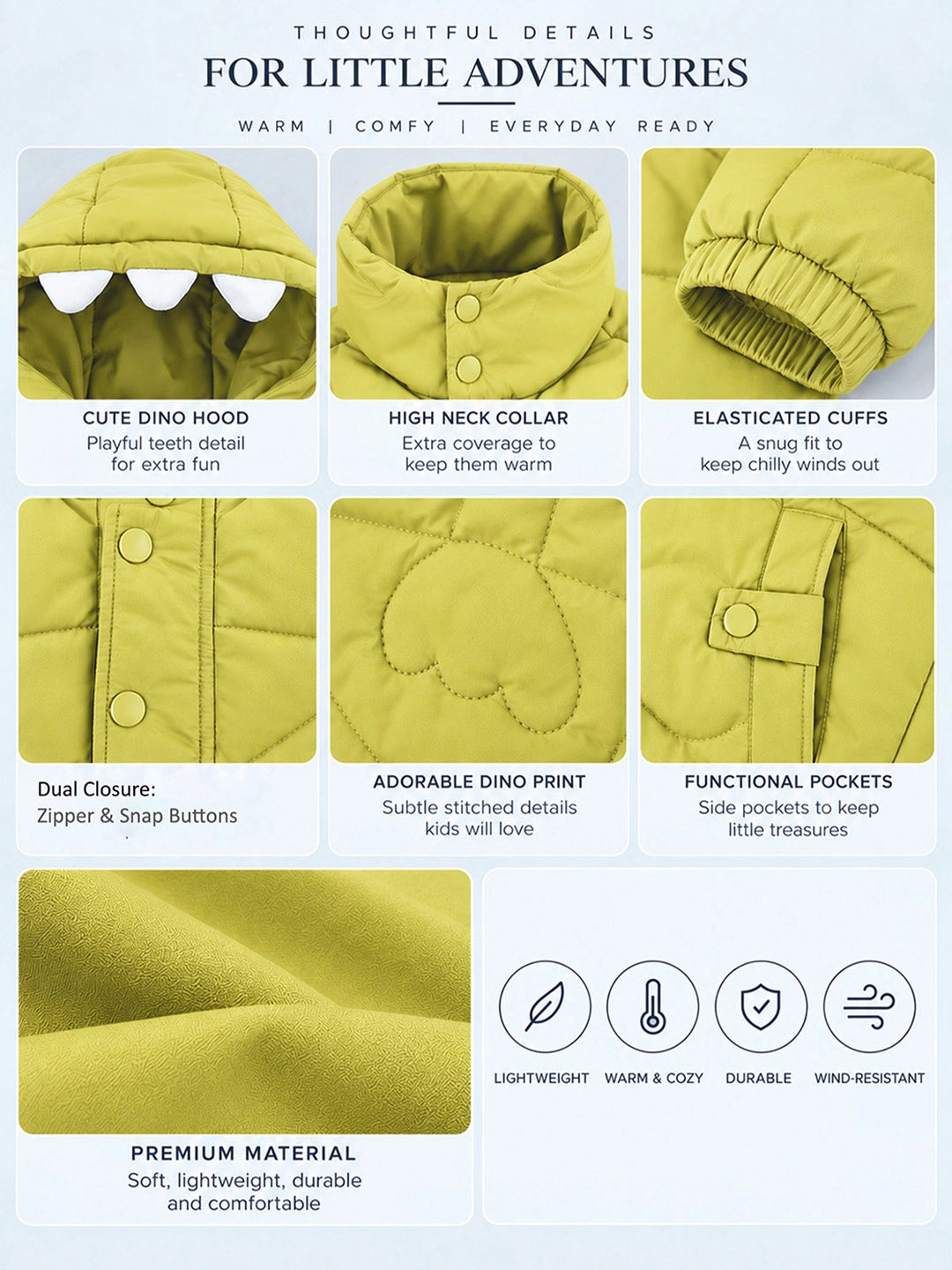 Olive Green Dino-Themed Quilted Hooded Winter Jacket for Kids