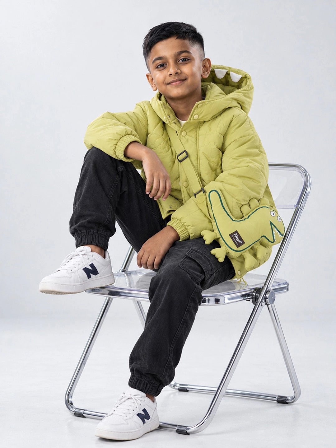 Olive Green Dino-Themed Quilted Hooded Winter Jacket for Kids