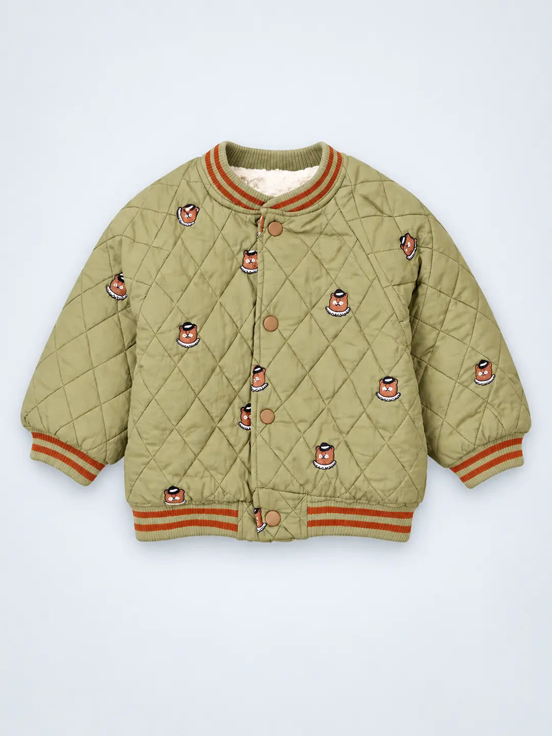 Olive Brown Tiny Bear Quilted Sherpa Winter Jacket for Kids