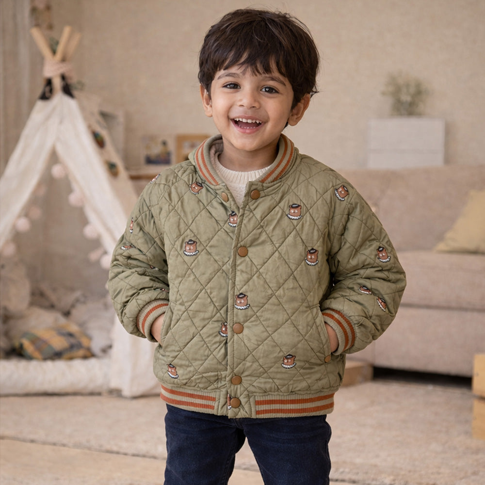 Olive Brown Tiny Bear Quilted Sherpa Winter Jacket for Kids
