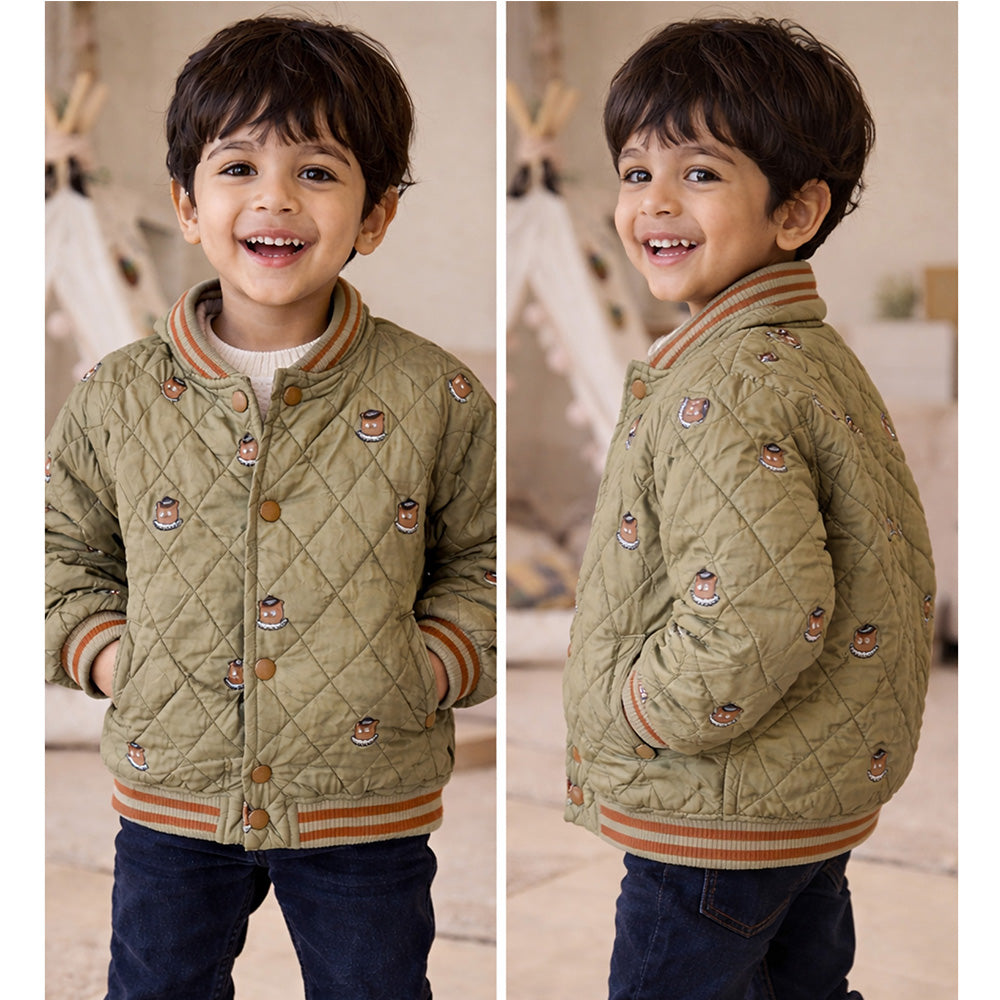 Olive Brown Tiny Bear Quilted Sherpa Winter Jacket for Kids