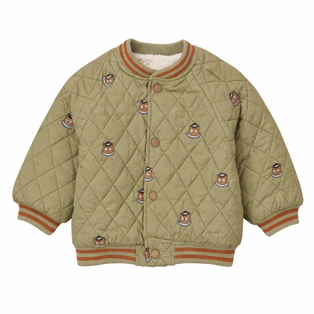 Olive Brown Tiny Bear Quilted Sherpa Winter Jacket for Kids