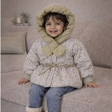 Olive & Cream Floral Printed Hooded Winter Jacket for Kids