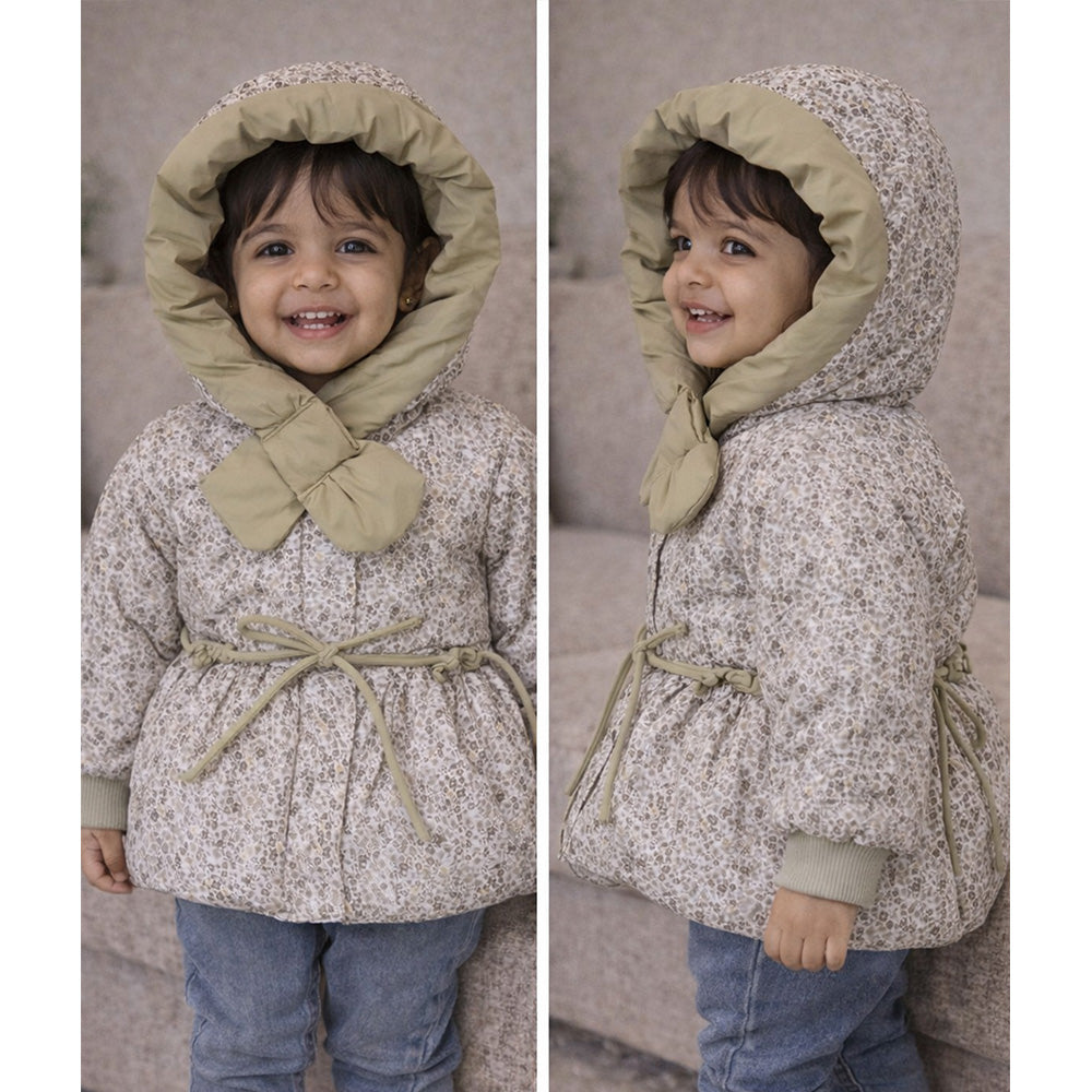 Olive & Cream Floral Printed Hooded Winter Jacket for Kids