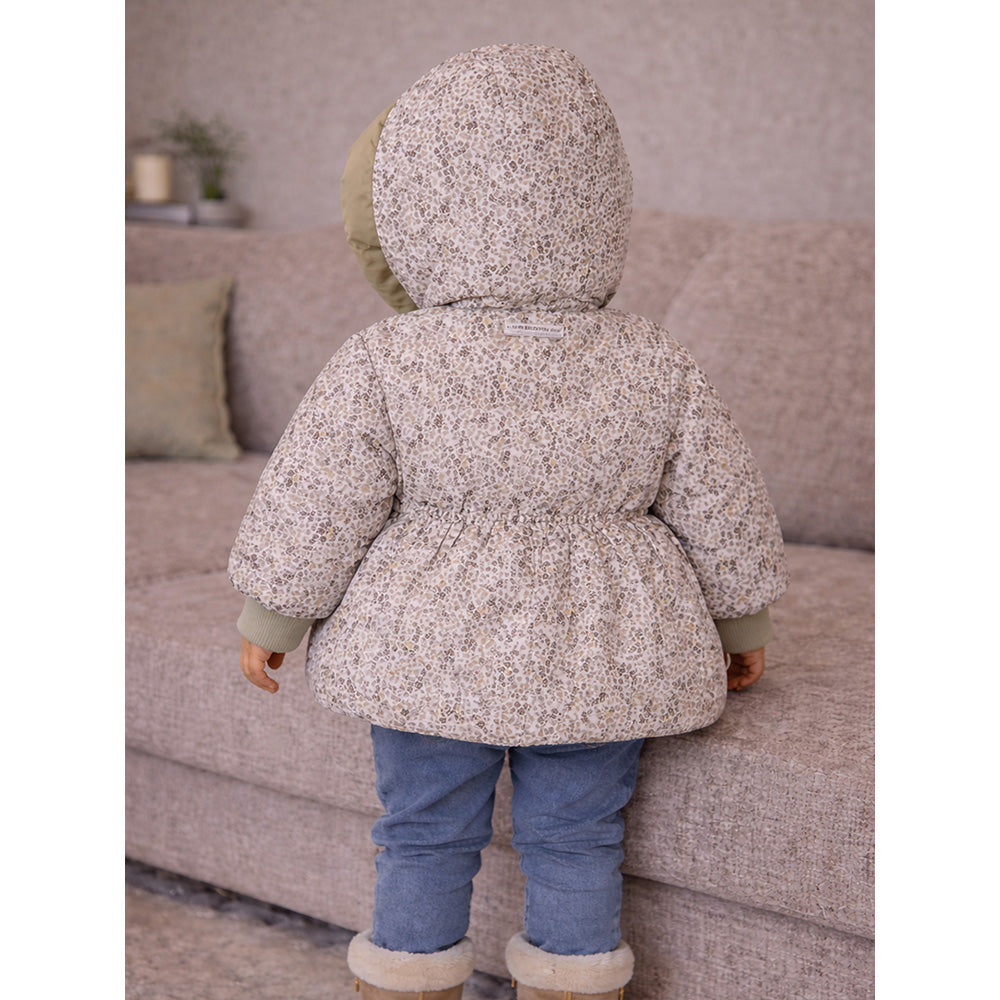 Olive & Cream Floral Printed Hooded Winter Jacket for Kids