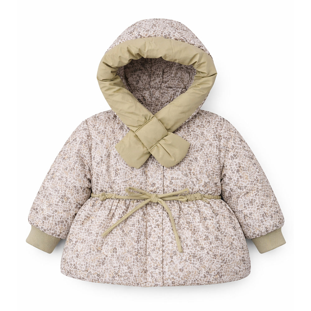 Olive & Cream Floral Printed Hooded Winter Jacket for Kids