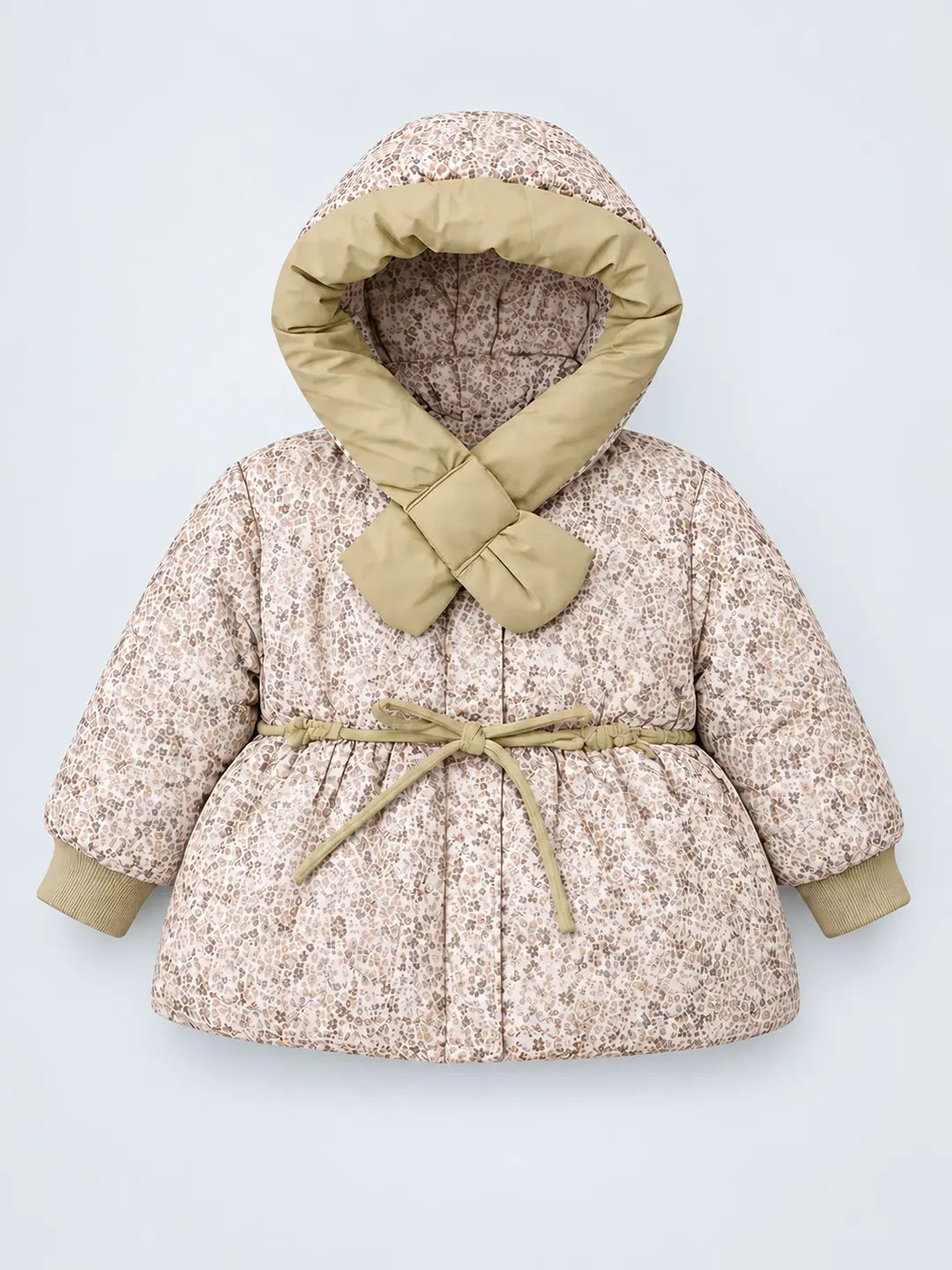 Olive & Cream Floral Printed Hooded Winter Jacket for Kids