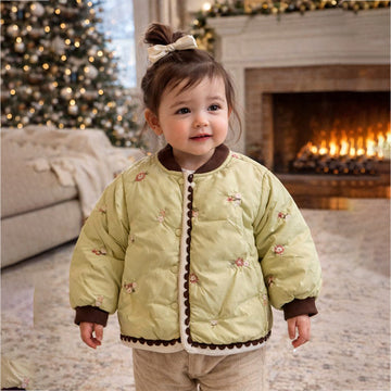 Olive Crochet Floral Winter Jacket for Kids