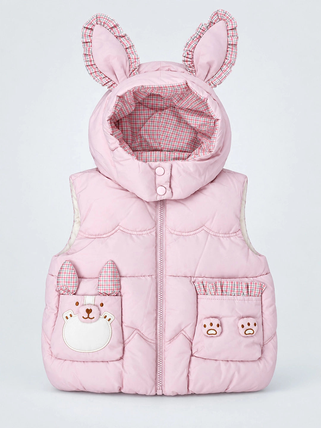 Peach Bunny-Themed Quilted Hooded Sleeveless Winter Jacket for Kids