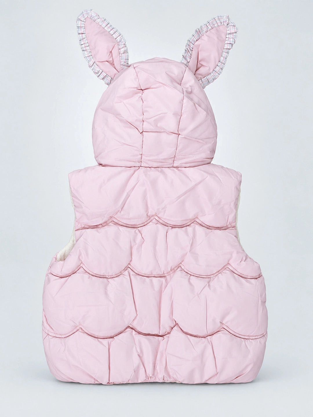 Peach Bunny-Themed Quilted Hooded Sleeveless Winter Jacket for Kids