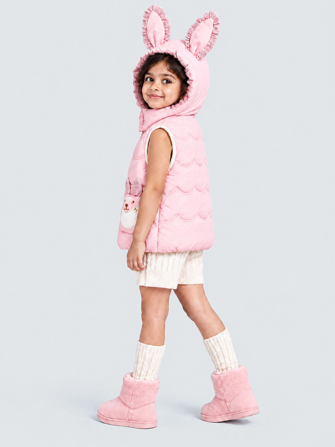 Peach Bunny-Themed Quilted Hooded Sleeveless Winter Jacket for Kids