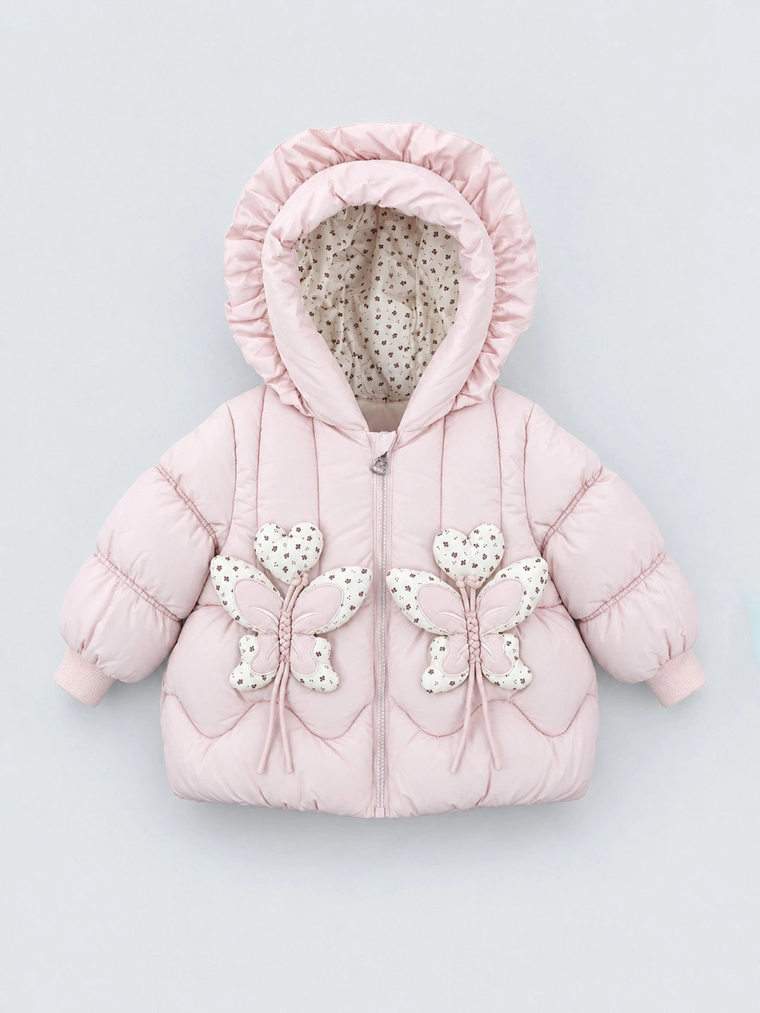 Peach Butterfly Heart Quilted Hooded Winter Jacket for Kids