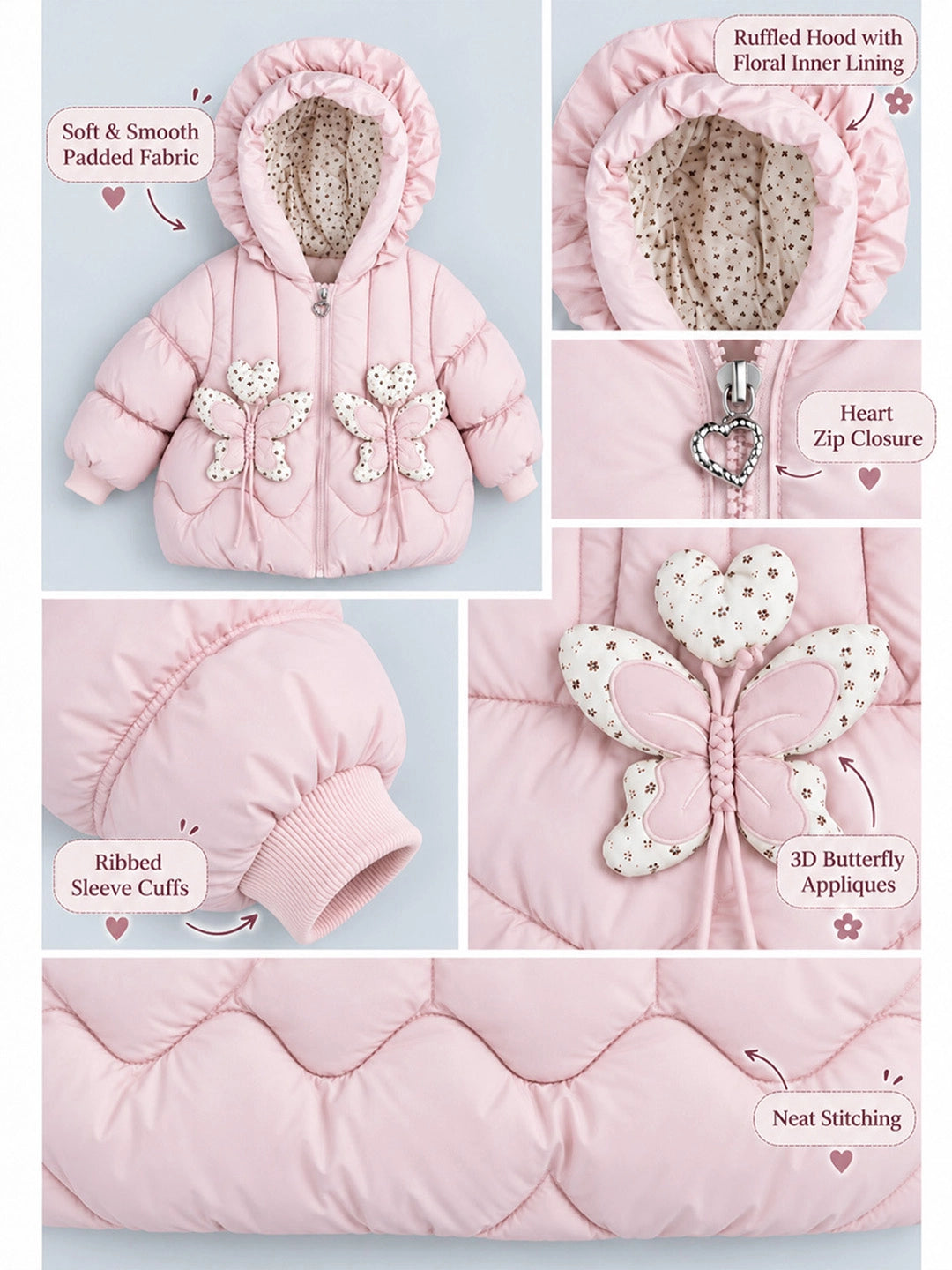 Peach Butterfly Heart Quilted Hooded Winter Jacket for Kids