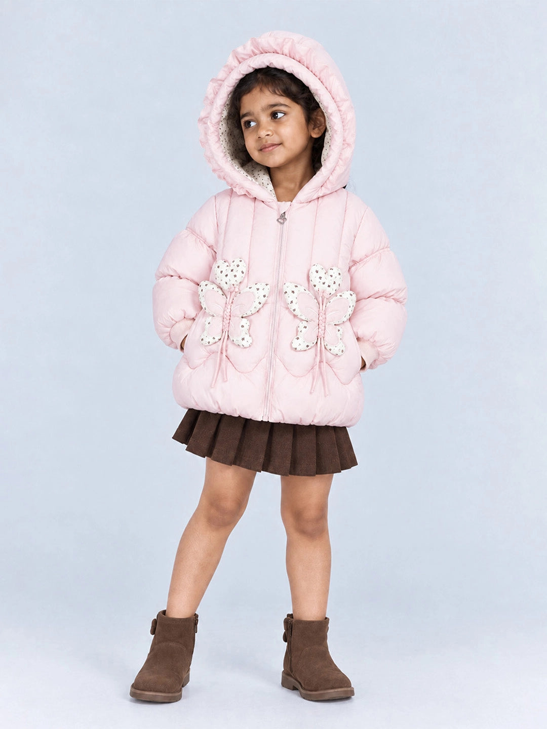 Peach Butterfly Heart Quilted Hooded Winter Jacket for Kids