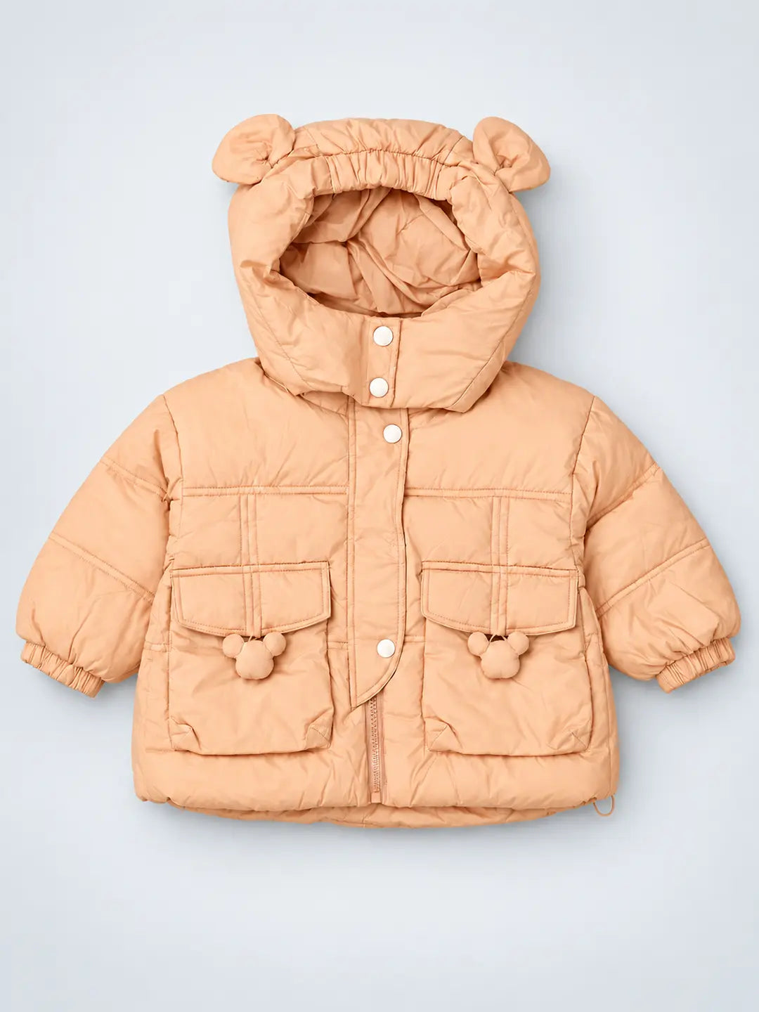Peach 3D Teddy Quilted Pocket & Hooded Winter Jacket for Kids