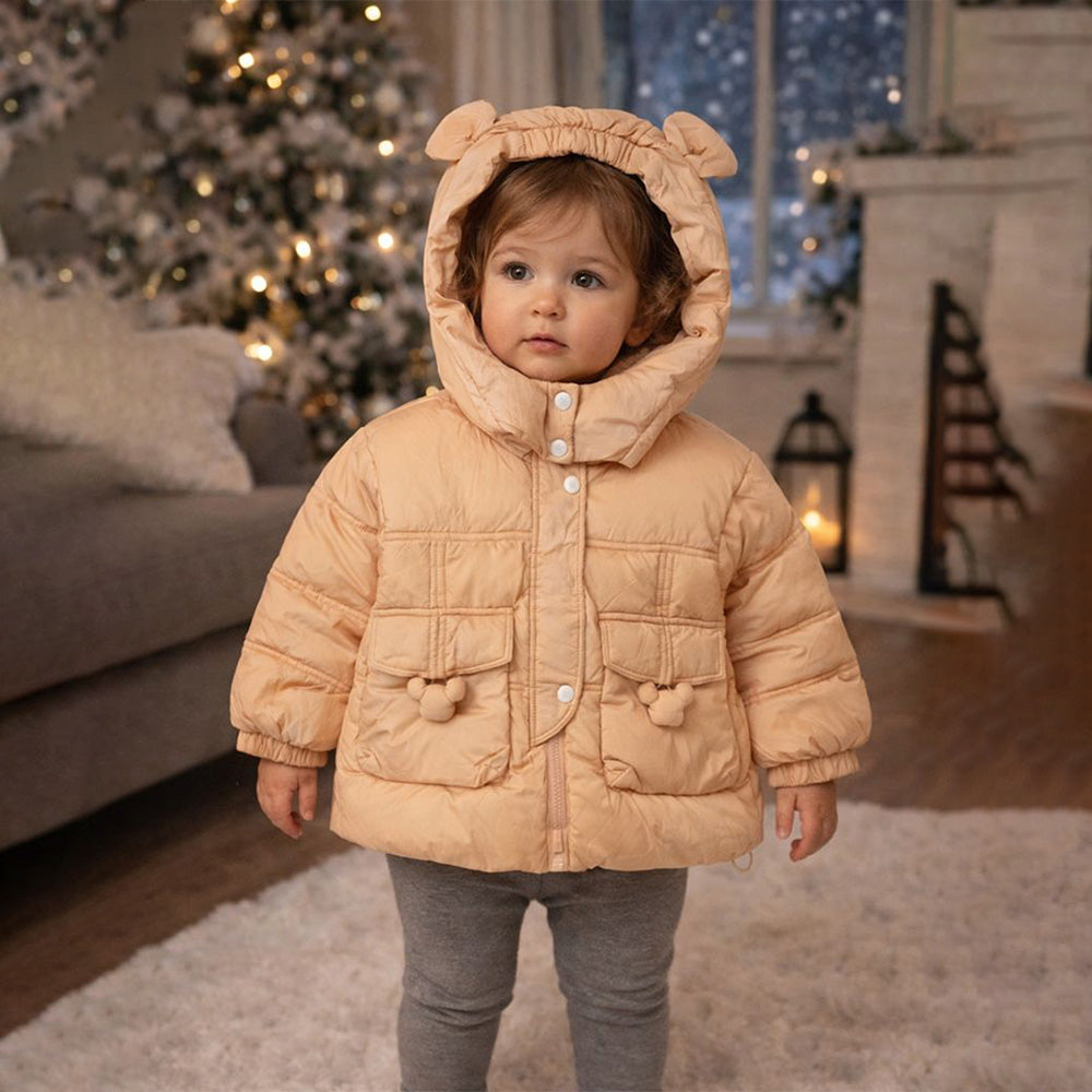 Peach 3D Teddy Quilted Pocket & Hooded Winter Jacket for Kids