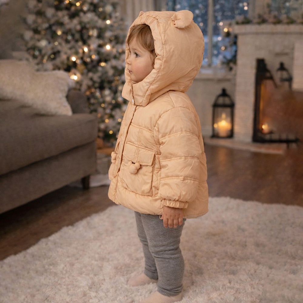 Peach 3D Teddy Quilted Pocket & Hooded Winter Jacket for Kids