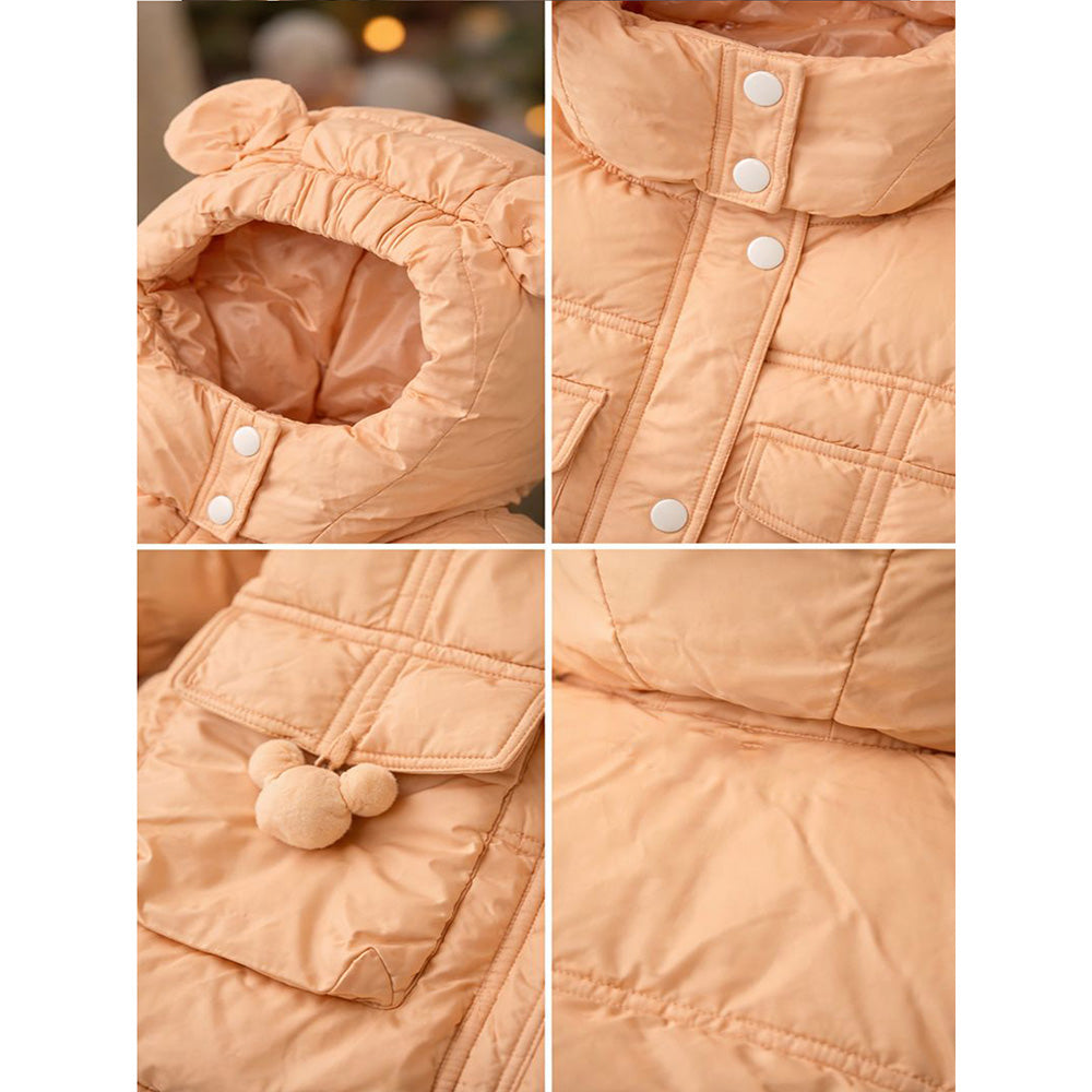 Peach 3D Teddy Quilted Pocket & Hooded Winter Jacket for Kids