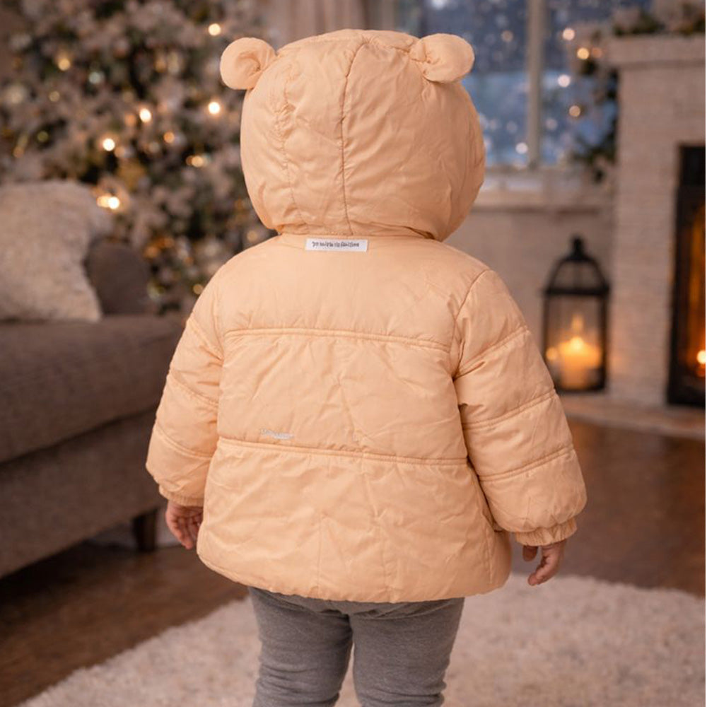 Peach 3D Teddy Quilted Pocket & Hooded Winter Jacket for Kids