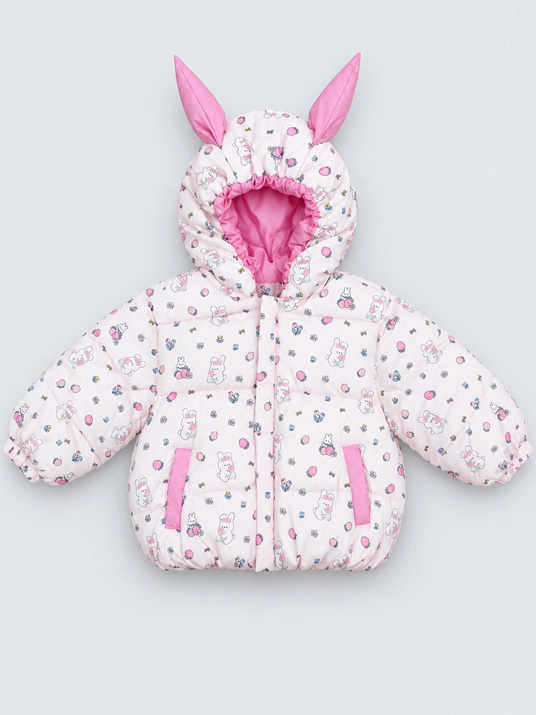 Pink Bunny Flower Quilted Hooded Winter Jacket for Kids