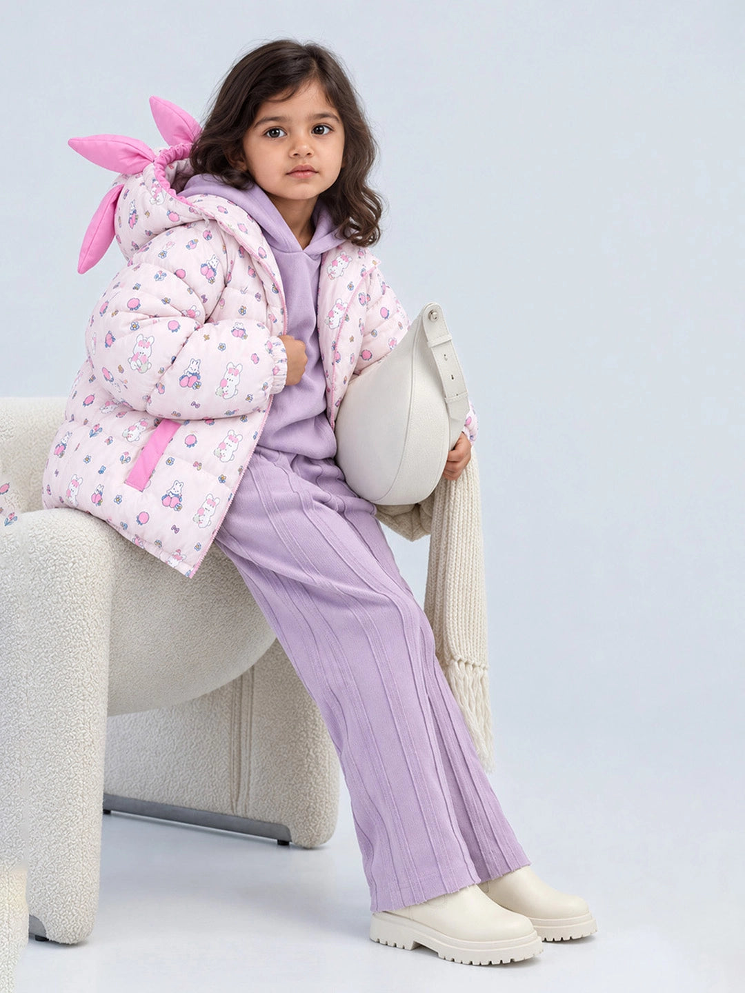 Pink Bunny Flower Quilted Hooded Winter Jacket for Kids