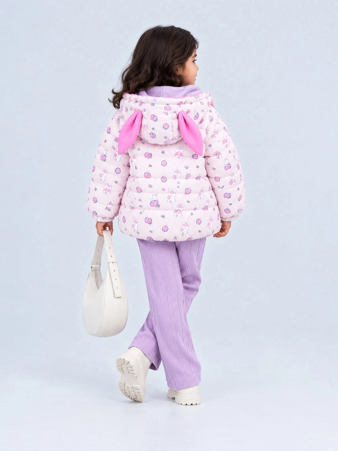 Pink Bunny Flower Quilted Hooded Winter Jacket for Kids