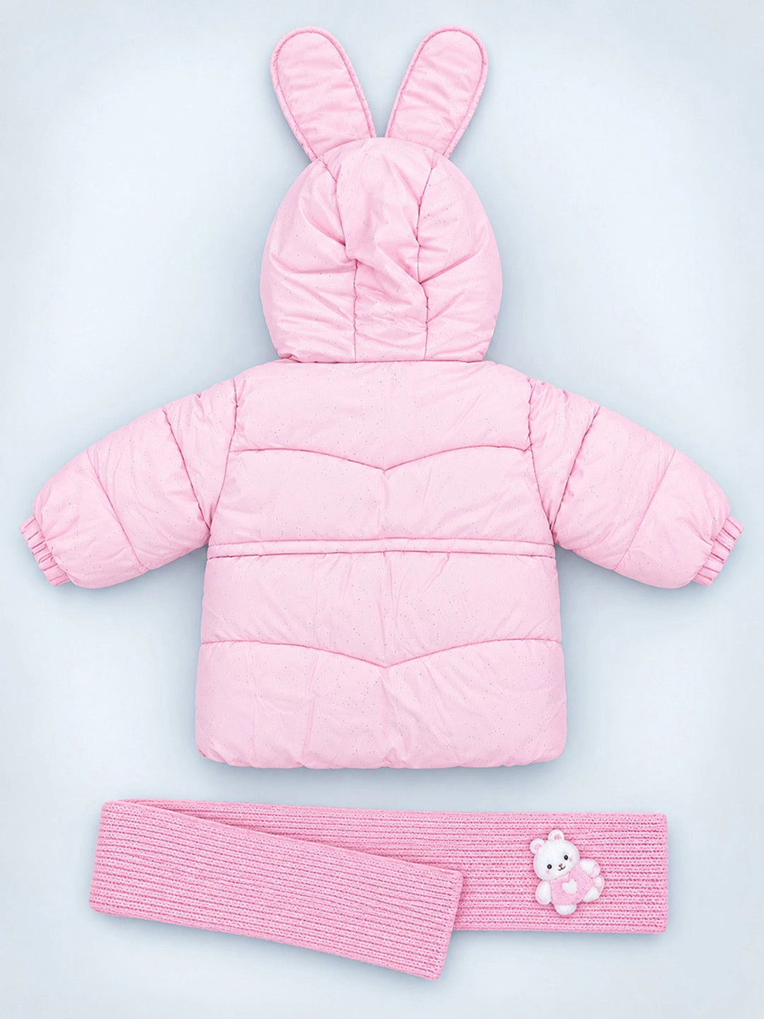 Pink Bunny Glitter Quilted Hooded Winter Jacket with Muffler for Kids