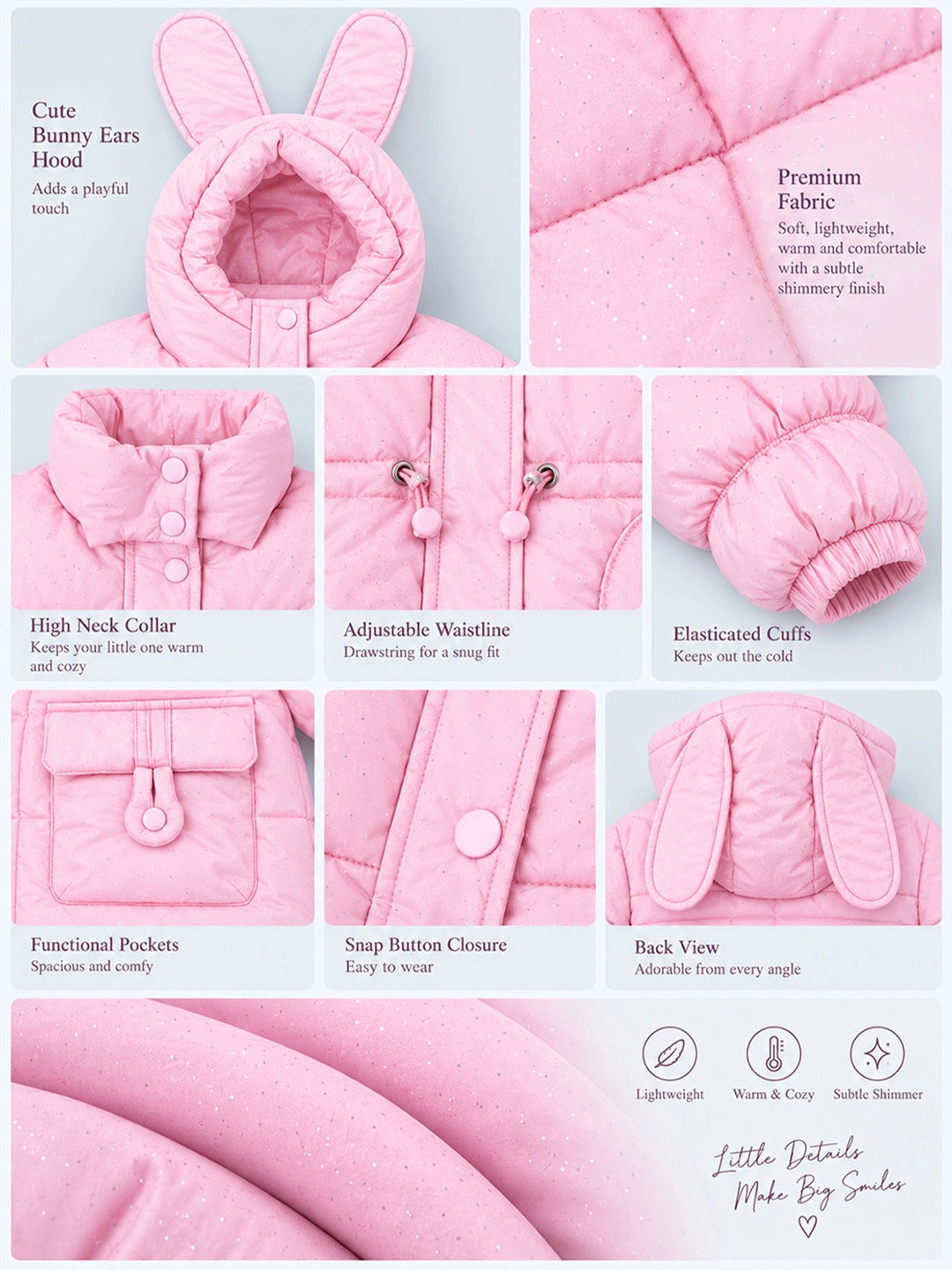 Pink Bunny Glitter Quilted Hooded Winter Jacket with Muffler for Kids