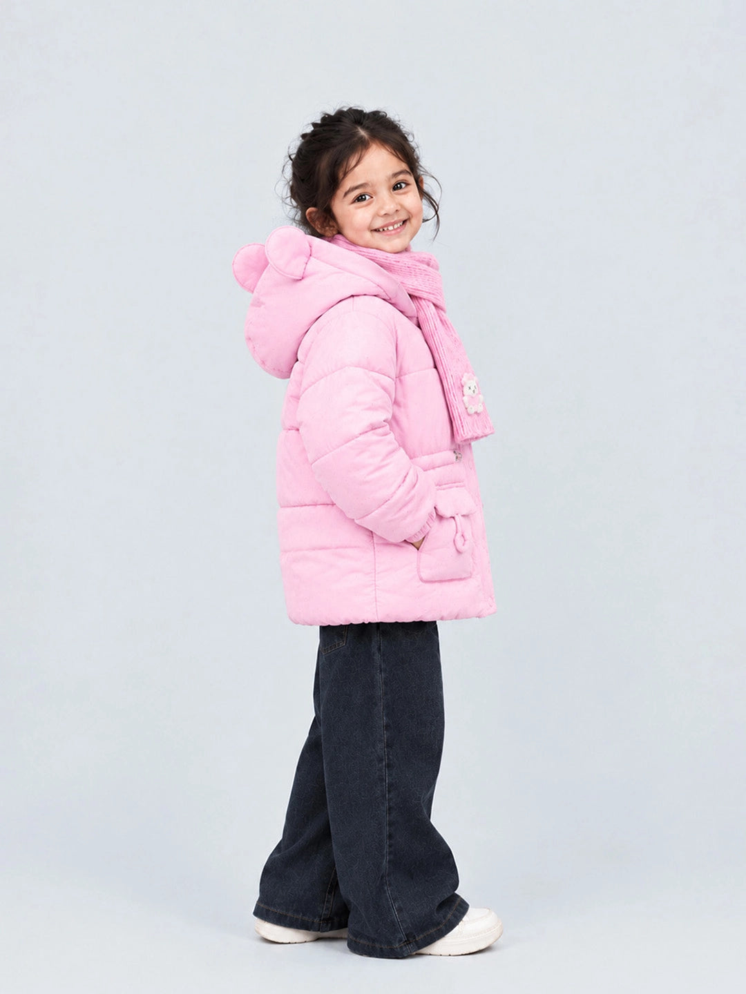 Pink Bunny Glitter Quilted Hooded Winter Jacket with Muffler for Kids