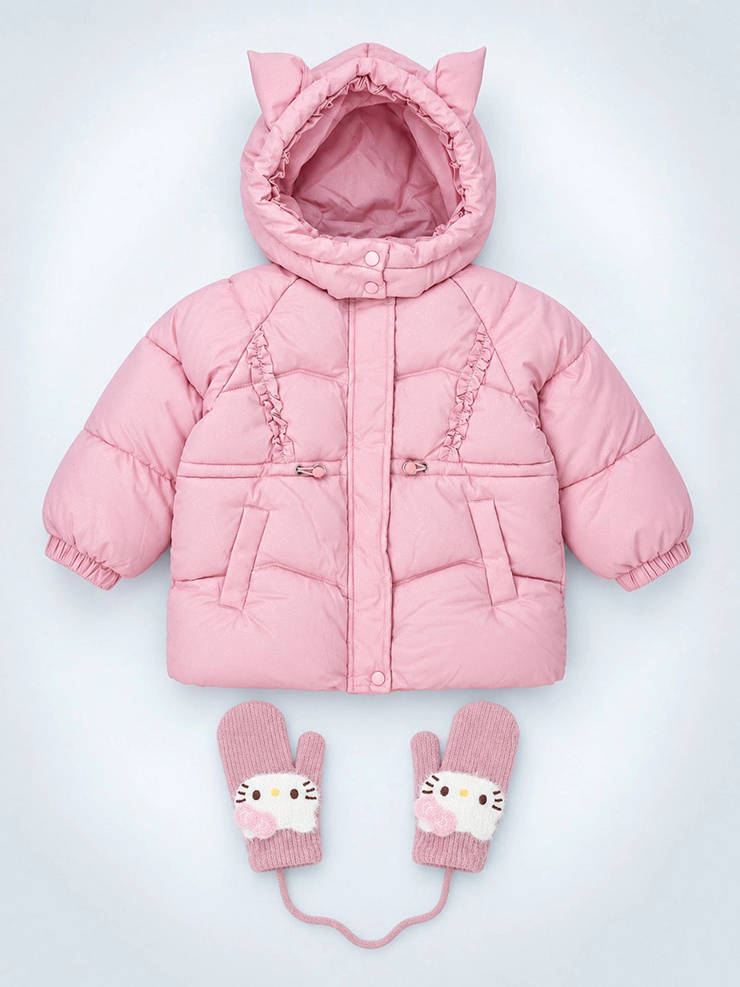Pink Cat Glitter Quilted Hooded Winter Jacket with Mittens for Kids