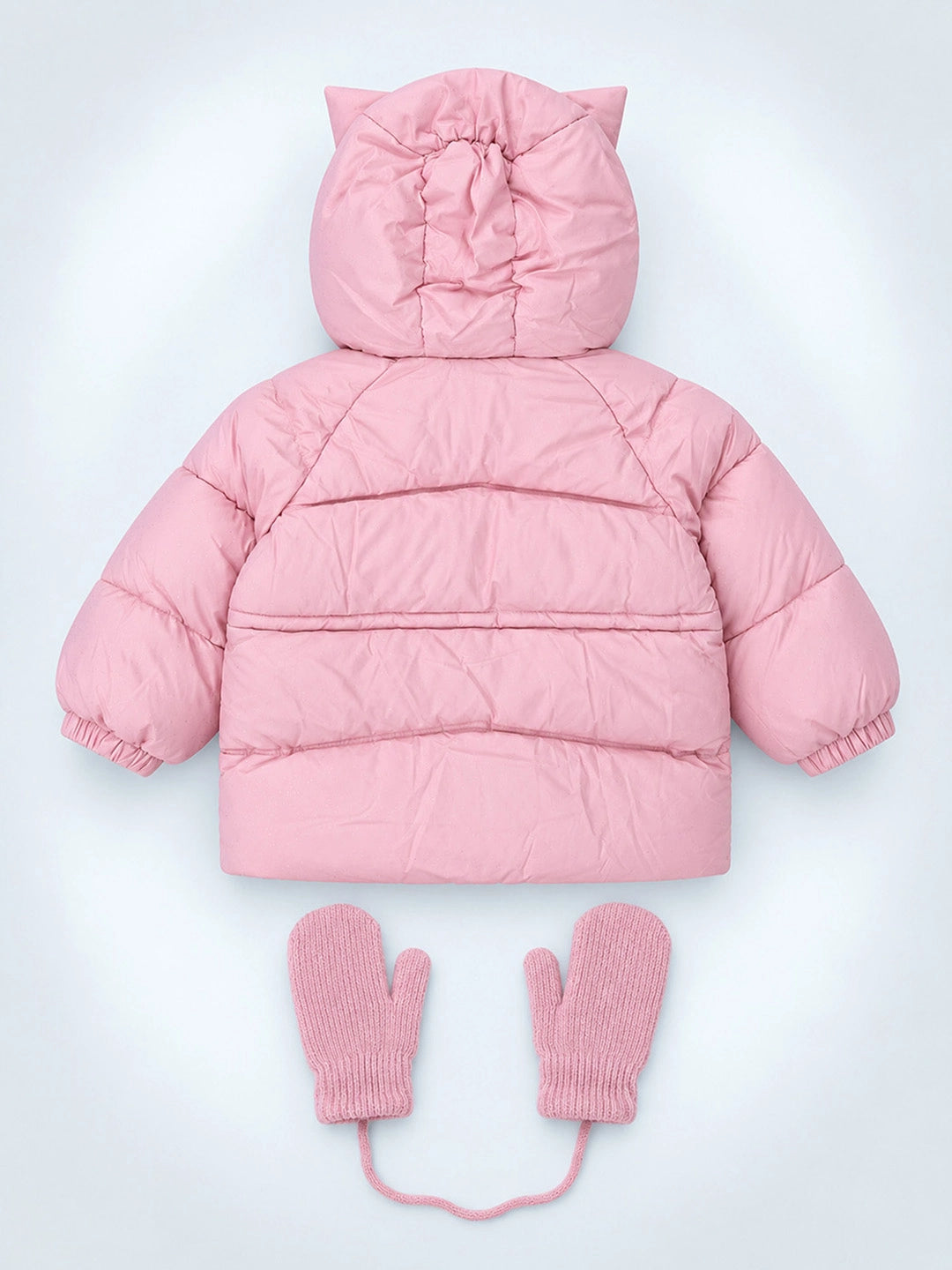 Pink Cat Glitter Quilted Hooded Winter Jacket with Mittens for Kids