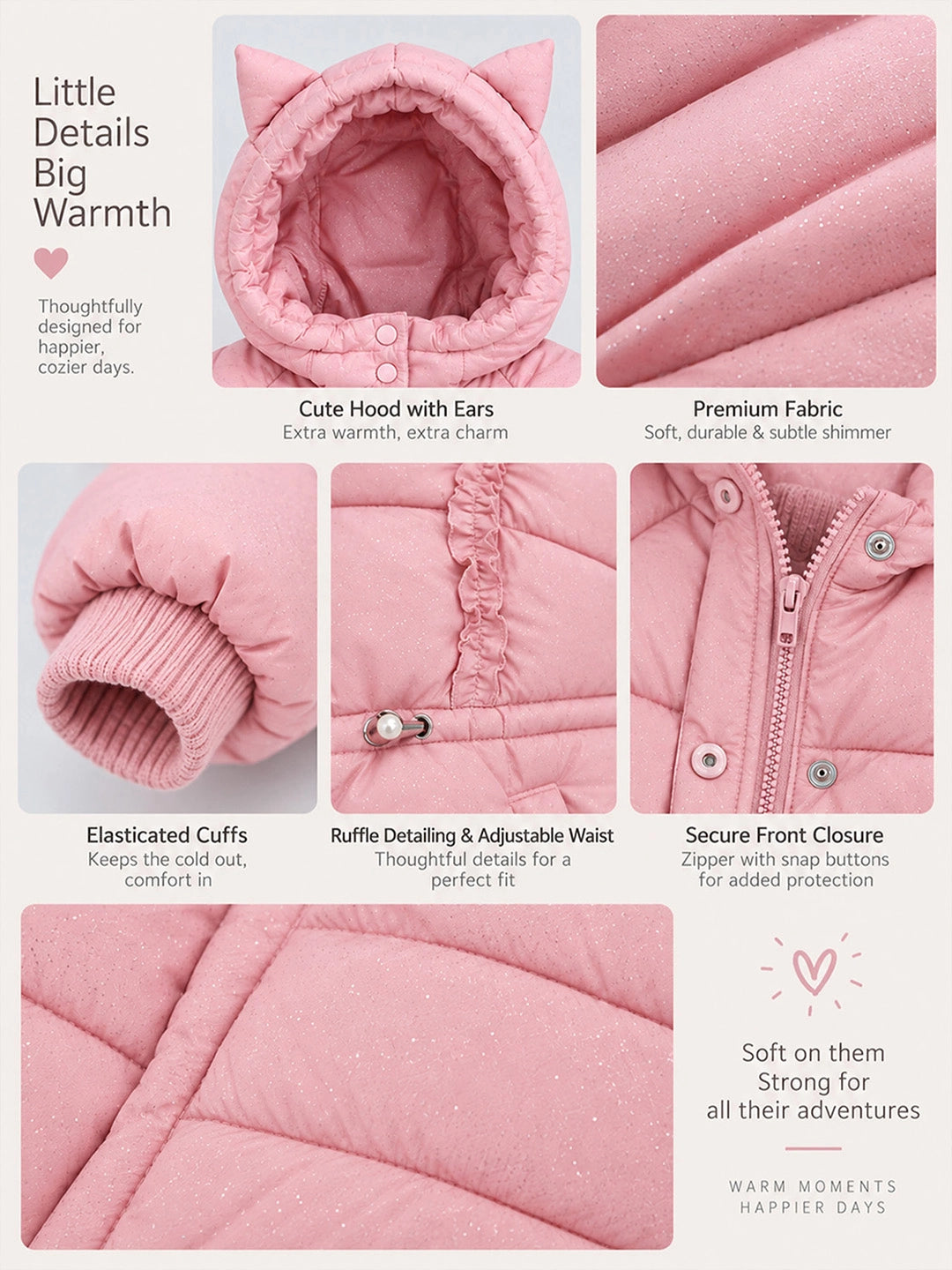 Pink Cat Glitter Quilted Hooded Winter Jacket with Mittens for Kids