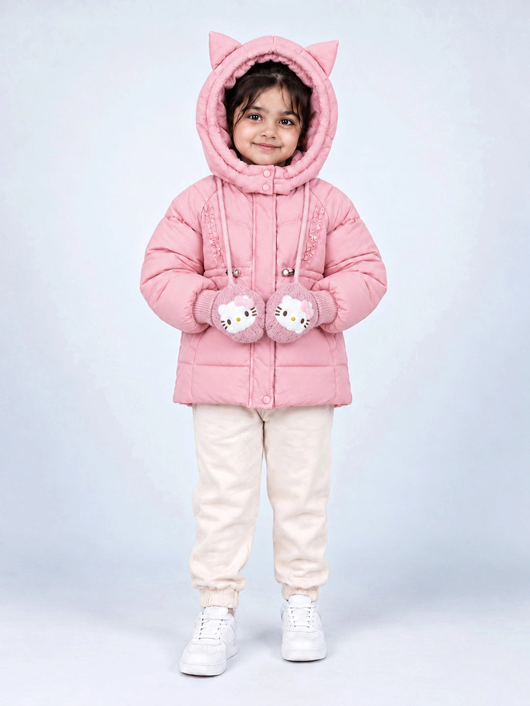 Pink Cat Glitter Quilted Hooded Winter Jacket with Mittens for Kids