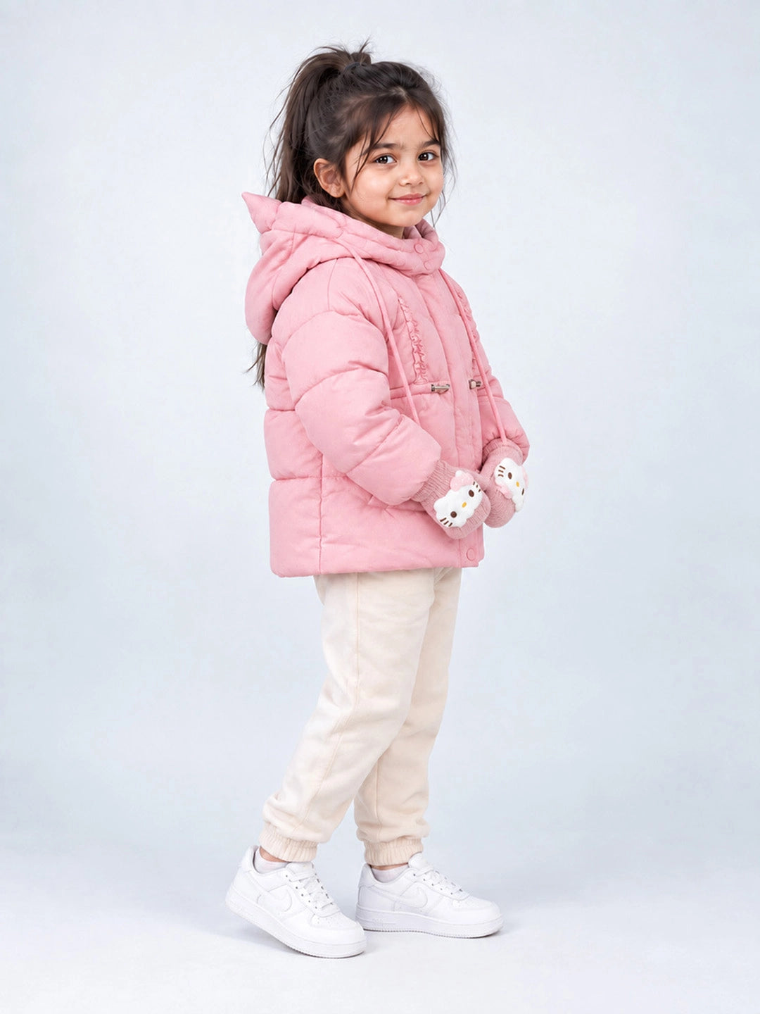 Pink Cat Glitter Quilted Hooded Winter Jacket with Mittens for Kids