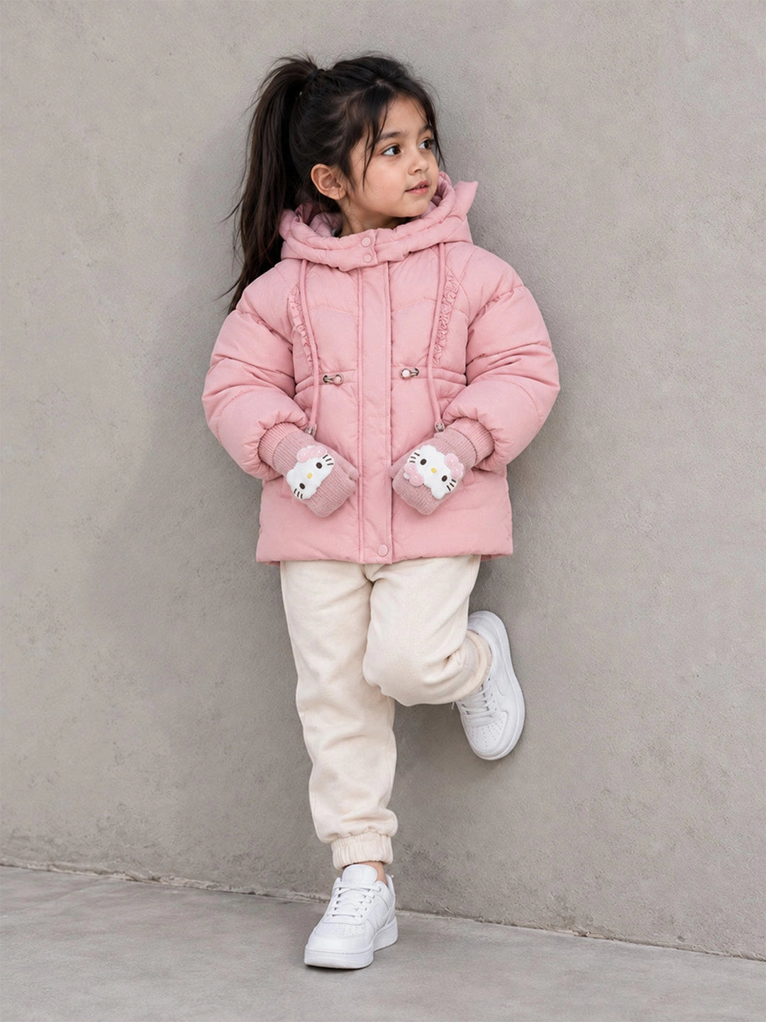 Pink Cat Glitter Quilted Hooded Winter Jacket with Mittens for Kids