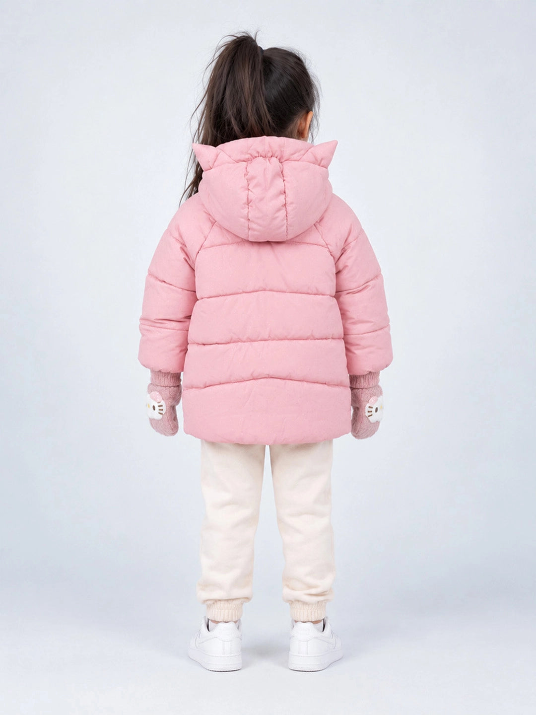 Pink Cat Glitter Quilted Hooded Winter Jacket with Mittens for Kids