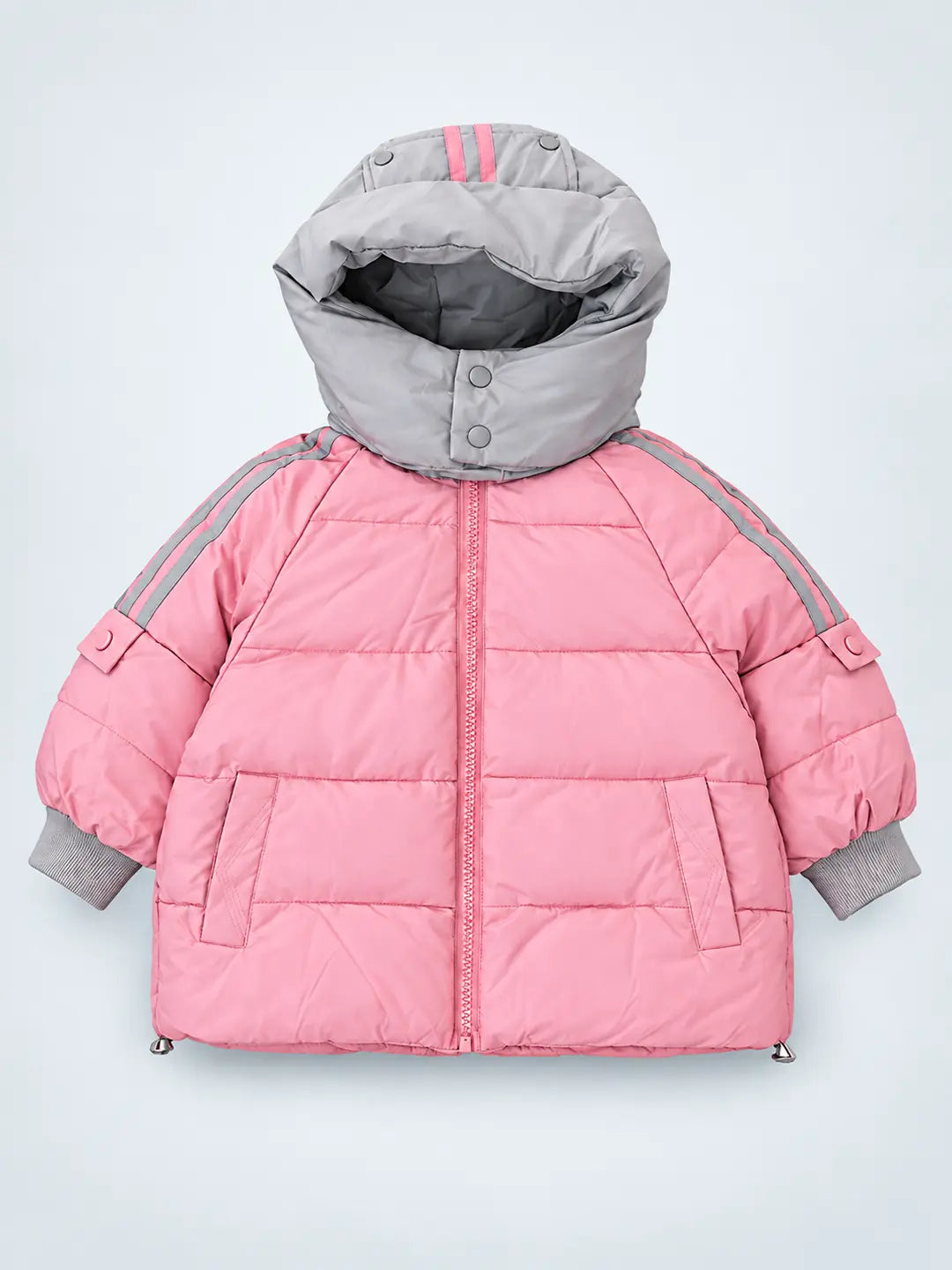 Pink & Grey Quilted Puffer Hooded Winter Jacket for Kids