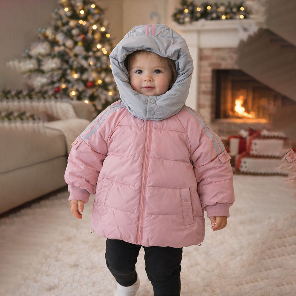 Pink & Grey Quilted Puffer Hooded Winter Jacket for Kids