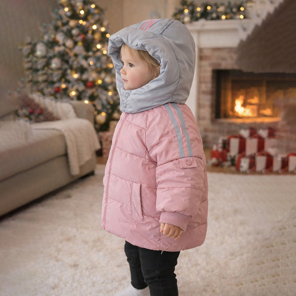 Pink & Grey Quilted Puffer Hooded Winter Jacket for Kids